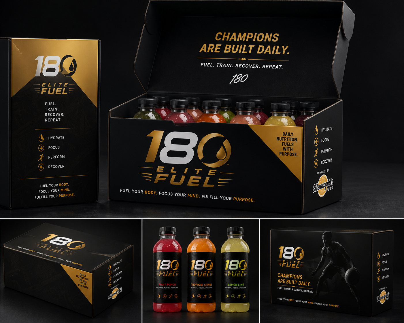 180 Elite Fuel branded subscription packaging with performance beverage bottles
