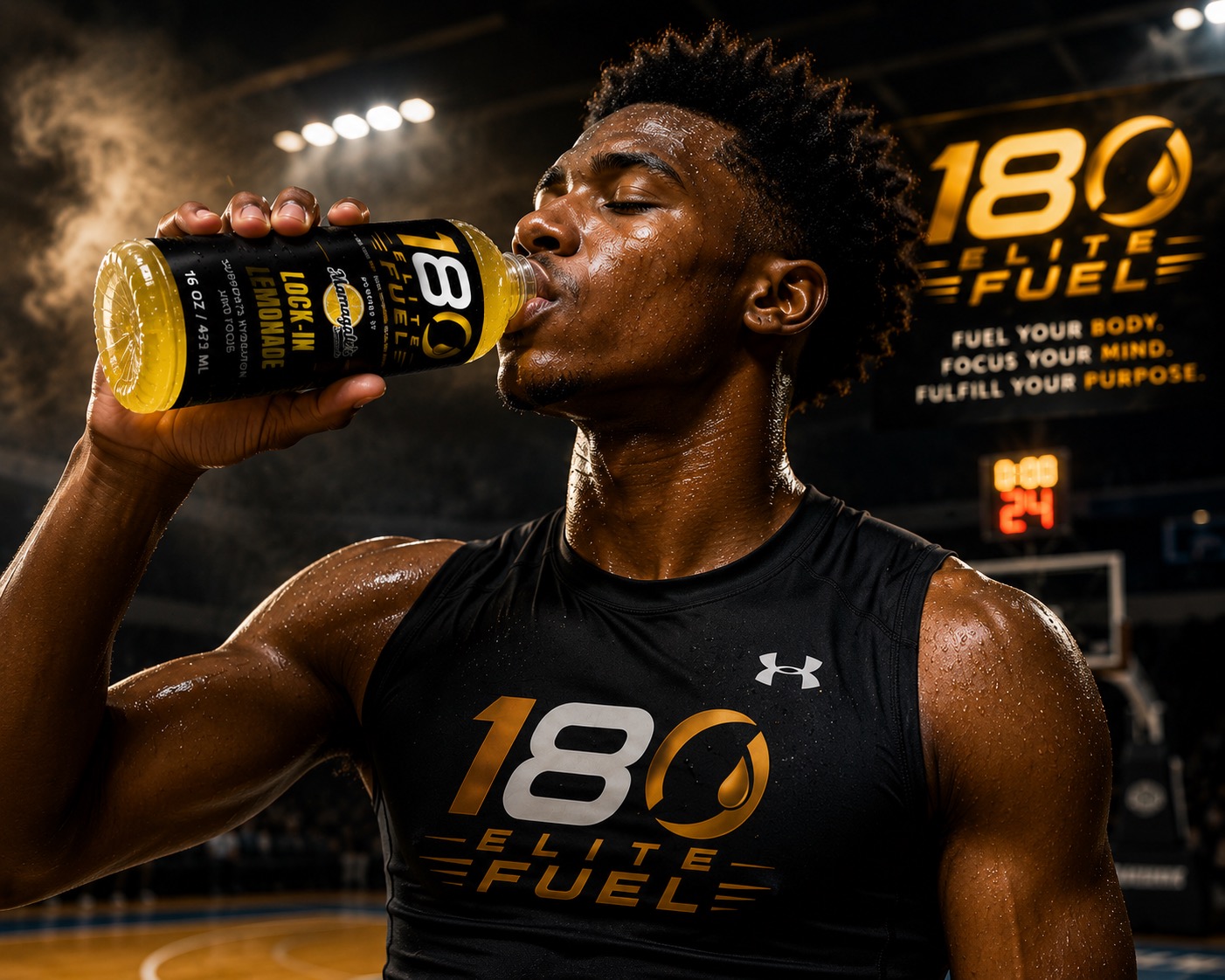 Athlete drinking 180 Elite Fuel Lock-In Lemonade courtside