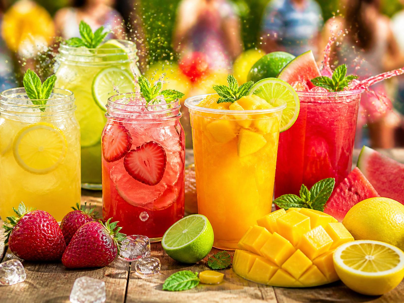 Colorful fresh lemonades and fruit punches with strawberries, mangoes, watermelon and limes